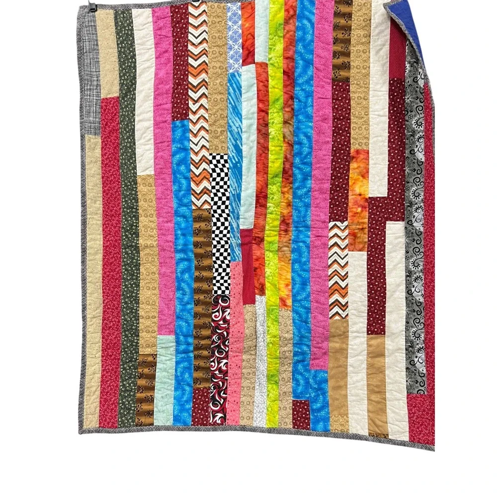 Vintage Handmade Strip Quilt 40x44 Lap Quilt Wall Hanging Colorful Throw